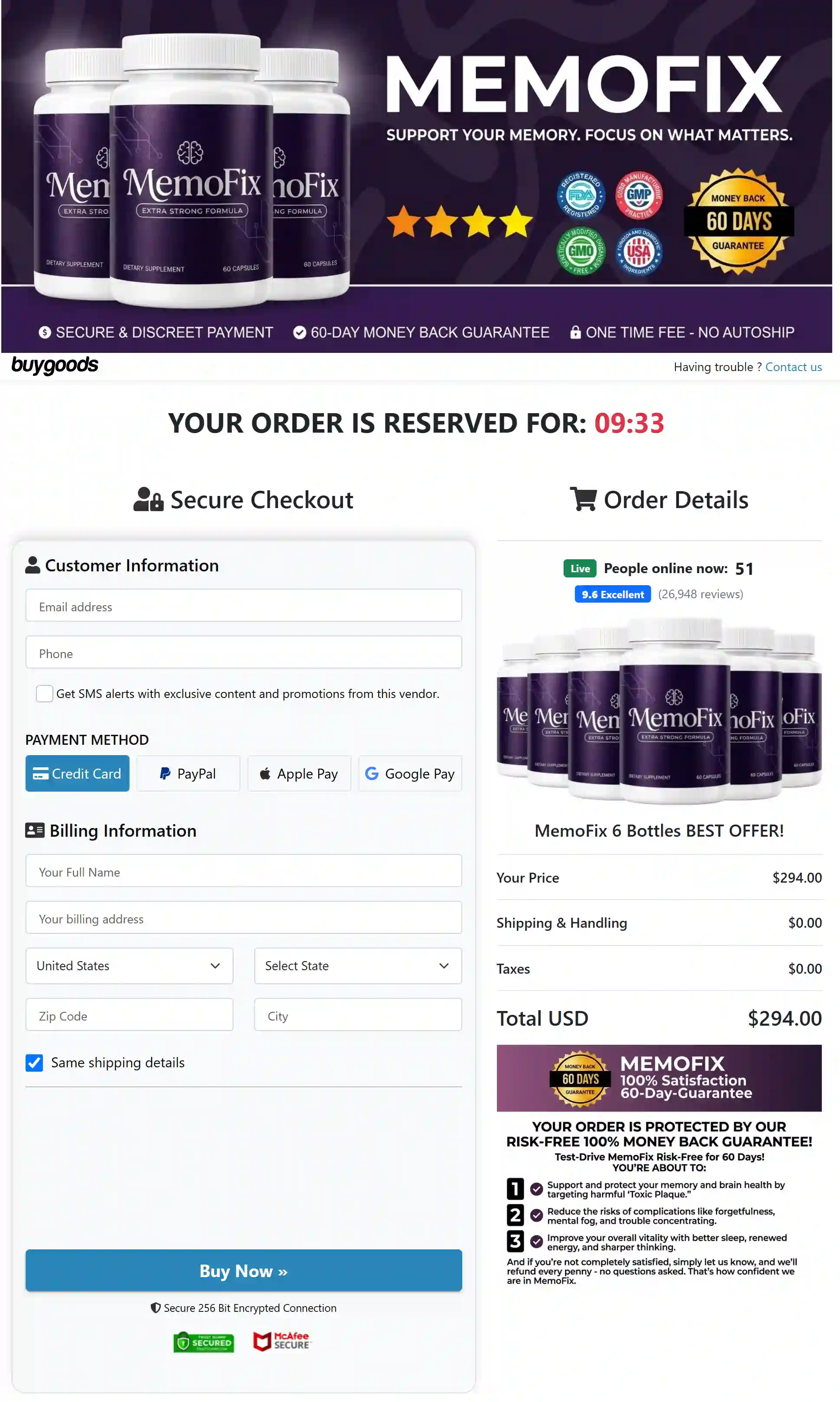 MemoFix Checkout Page